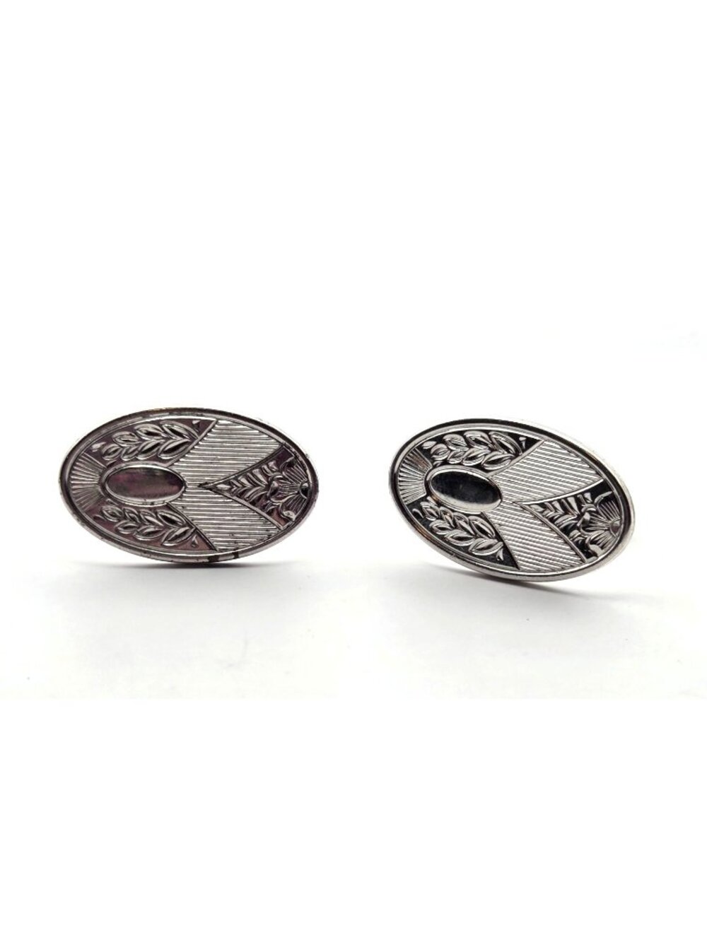 Vintage Silver-Tone Oval Cufflinks With Etched Art Deco Design
